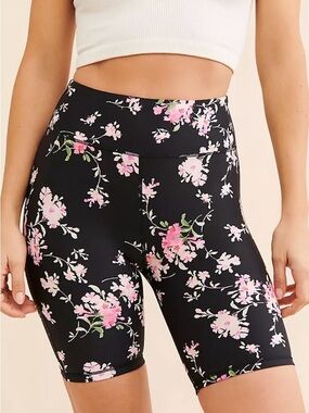 LoveShackFancy Black Bike Shorts with Pink Floral Print